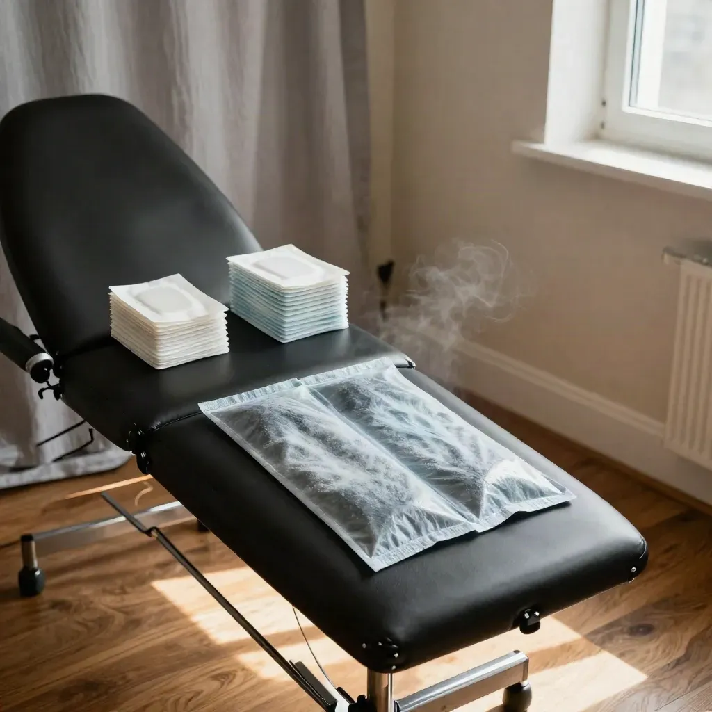 Tattoo chair with supports, gel pack vapor, and wipes in a cozy studio corner.