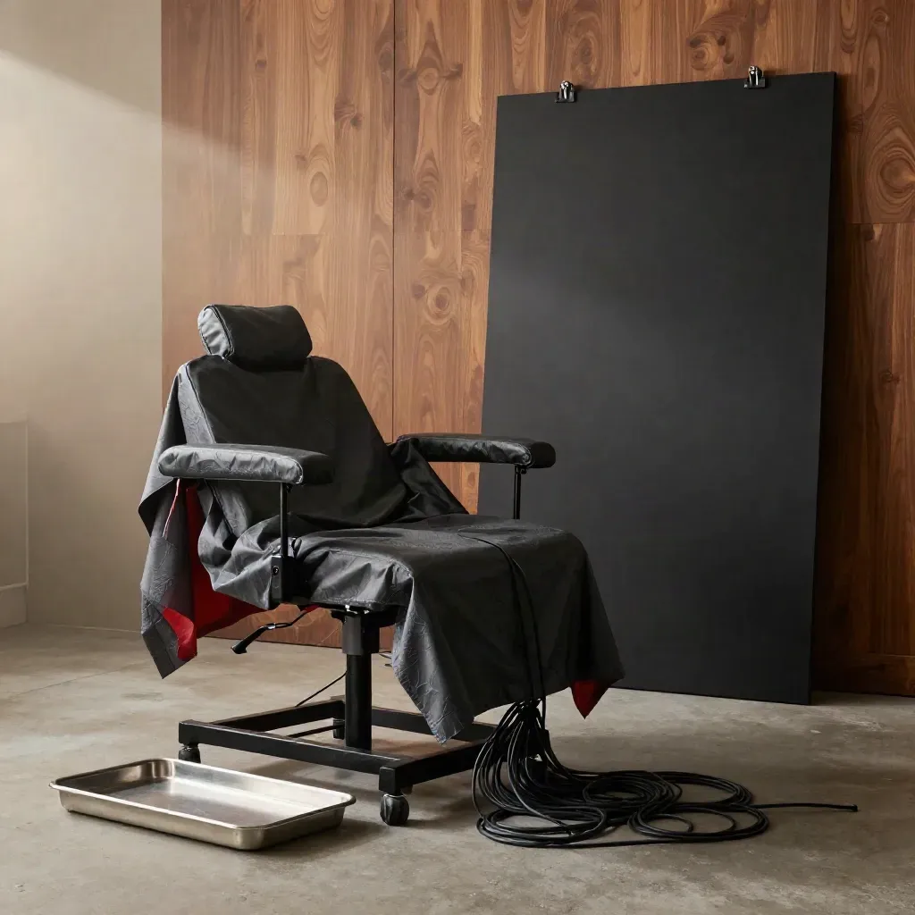 Blackwork tattoo station with chair, tray, cords and reference board in dramatic haze.
