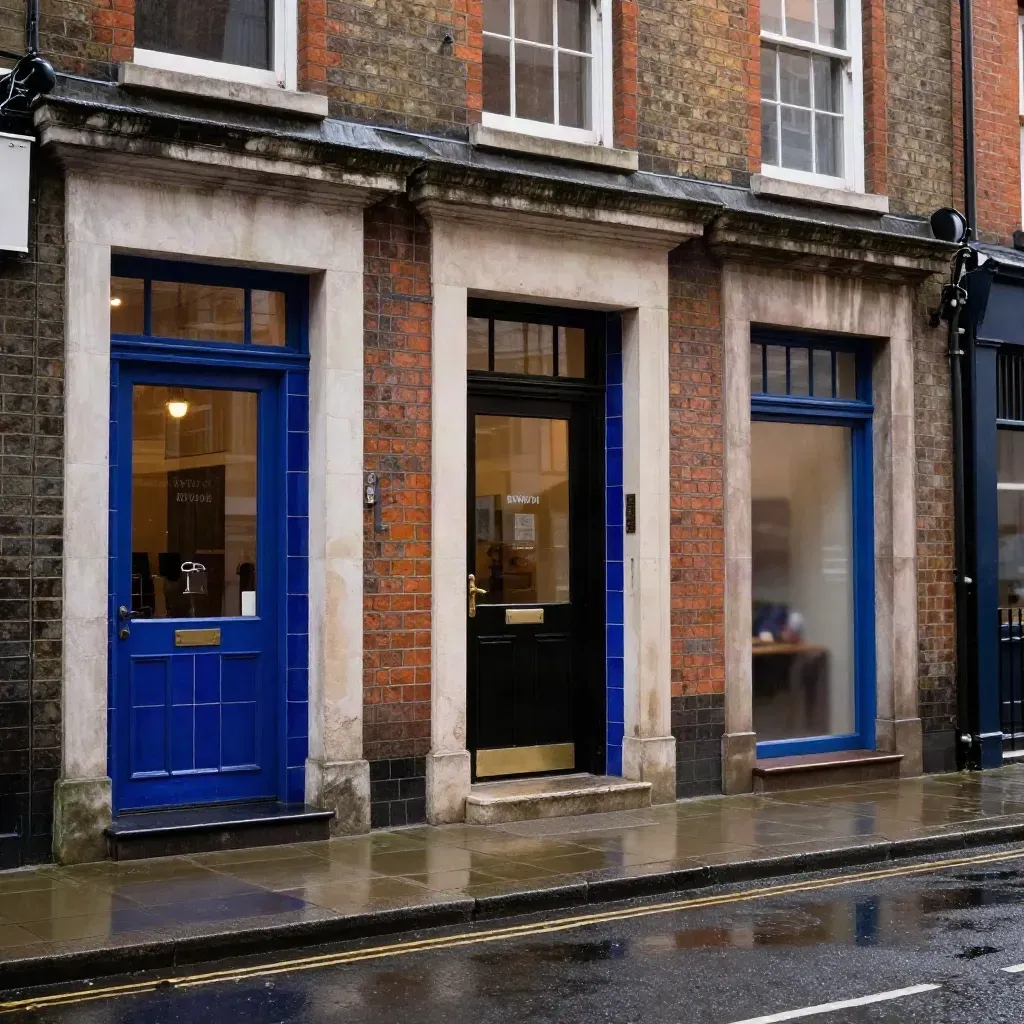 Rain-wet tattoo studio entrances on a city street, with brick, tile and blue-painted details.