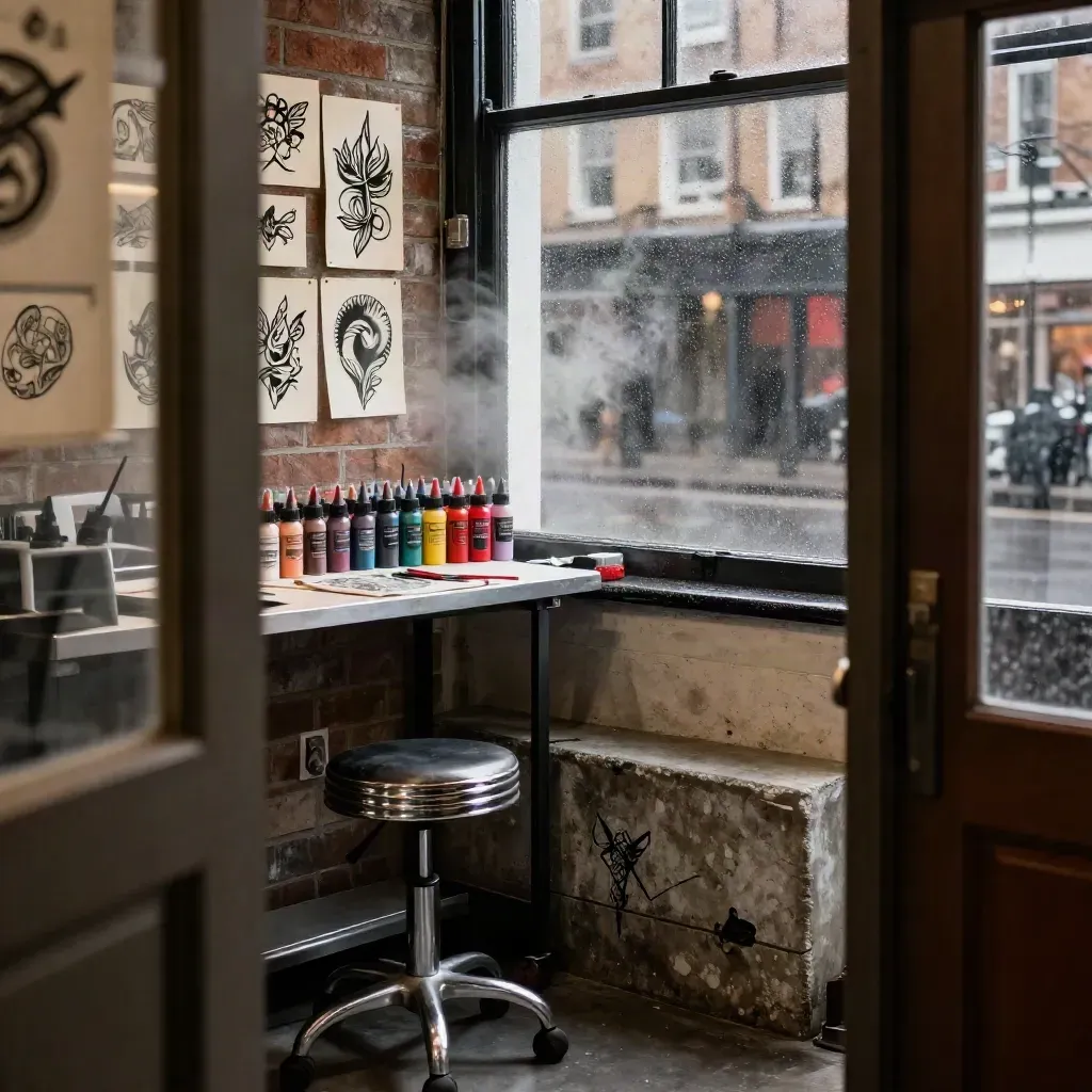 Late-night London tattoo studio corner with inks, flash art, brick wall and glowing rain window.