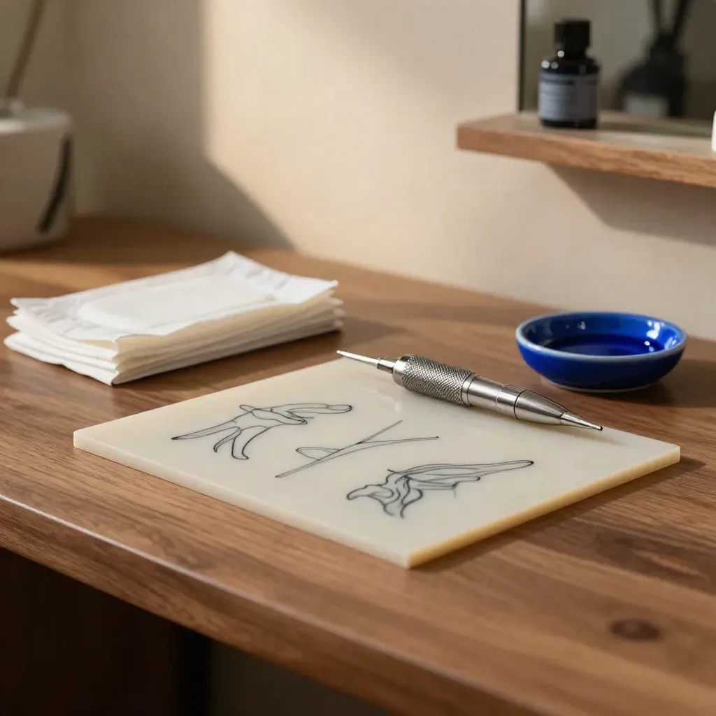 Beginner tattoo practice setup with silicone skin, needle cartridges, wipes and blue dish