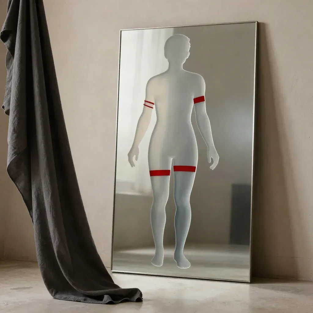 Acetate tattoo placement silhouette with drape, mirror and rings in a moody studio.