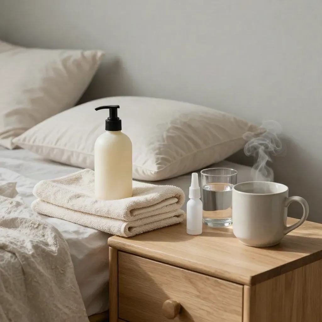 Bedside aftercare kit with soap, towel, pillow, saline spray, water and steam