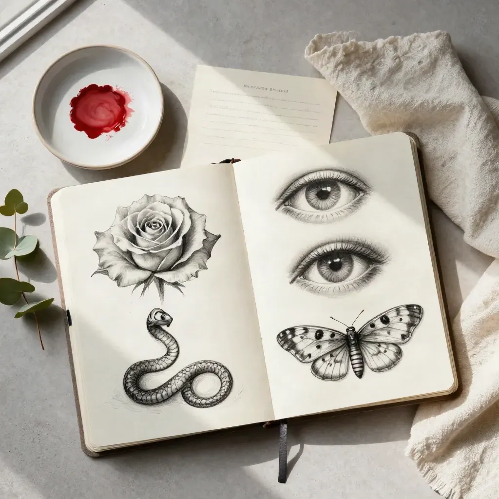 Overhead tattoo meaning guide flatlay with sketchbook motifs, dish, eucalyptus and ivory cloth.